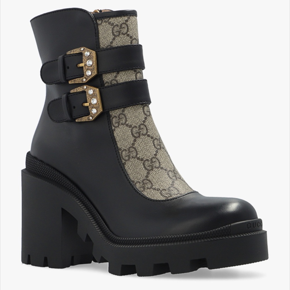 Gucci GG supreme leather block heel lug sole ankle boots with crystal buckles